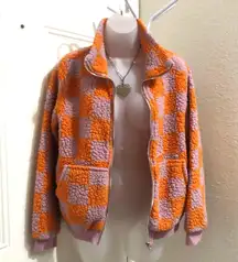 orange Pink purple checkered zip up fleece faux fur jacket  Kids XXL, Womens Med.