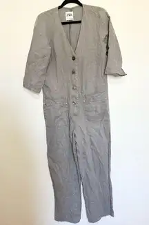 Zara Lillian Jumpsuit Size Small Gray 100% Linen V-Neck Utility Romper Jumper