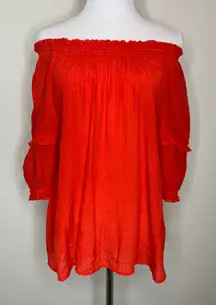 Nanette Lepore Red Crinkle Cotton Off Shoulder Elastic Top Sz Medium