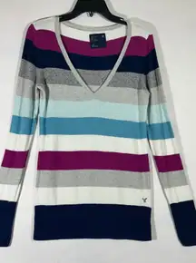 American Eagle Women Striped V Neck Sweater Long Sleeve Multicolored Sz L