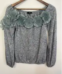 Ryu Anthropology Sweater Ladies Gray Balloon‎ Sleeves Elastic Waist Rosettes S