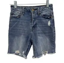 Vanilla Star Juniors Sz 1 High Rise Bermuda Denim Shorts Distressed Frayed Hem