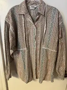 Vintage 90s Roper Western Blouse Made USA Southwestern Aztec Print Lace Trim Med