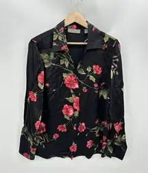 Kate Hill Black Red Floral Print Long Sleeve 100% Silk Top Women's Size 16W NWT