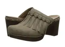 Dansko  Women's Deni Fringe Leather Mule Clog Shoes Suede Taupe Gray Size 37