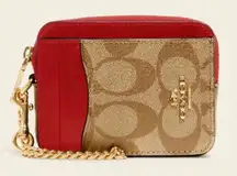 COACH Zip ID Card Case With Gold Chain Strap Red/Tan Color Leather Mini Wallet