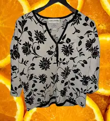 Cathy‎ Daniels Cardigan White/Black Florals and Trim with Red Accents Size Large