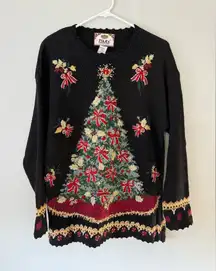 VTG TIARA Christmas Tree Sweater Multi Color Knit Elegant Black Gold Red S M