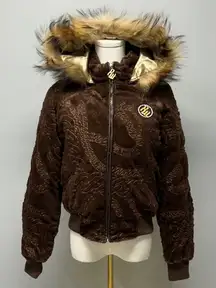 Rocawear Y2K Brown Puffer Jacket Down Fill Fur Hood 2000s Streetwear Size Small