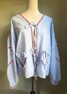 Gingham Tie Front Top Blouse  Ruffle Pockets and Red Ric Rac Trim hearts medium