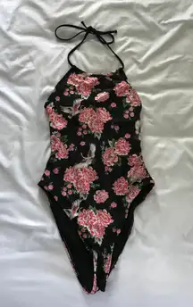 Black And Pink Floral Print 1- Piece Swimsuit