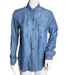 Rails  Carter Button Down Shirt Blue Dark Vintage Wash Raw Hem Chambray