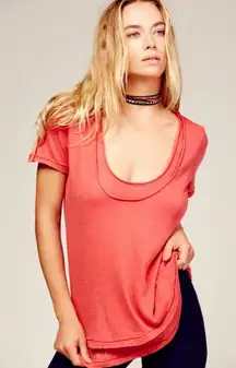 We The Free Phoebe Short Sleeve Tee Coral S FLAW Raw Edge Boho Layered Summer