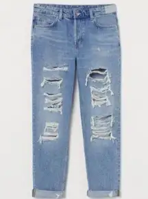 H&M &Denim Boyfriend Low Waist Tapered Leg Distressed Jeans Womens Sz 10 NWT