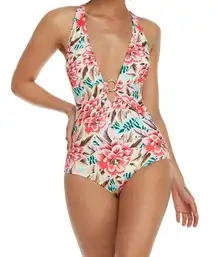 One Piece Swimsuit Floral Print Bathing Suit Deep V Neck Front & Back Ring