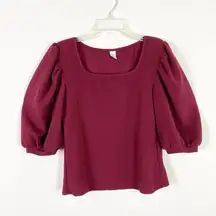 SheIn  Burgundy Red Crepe Squared Neck Half Bishop Puff Sleeve Blouse Top Size XL