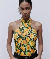 NWT  Zara Twist Neck Floral Halter Top Bodysuit Small