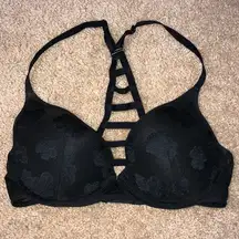 Pink Victoria’s Secret black lace Strappy bra racer back size 32D lightly lined