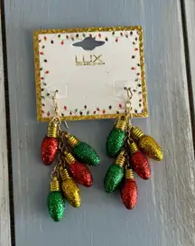 Lux NWT!  Fun Dangle Christmas Pierced Earrings Glitter Bulbs In Gold Red & Green