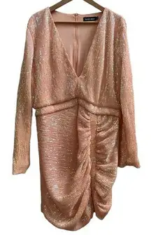 Lavish Alice Pink Sequin Embellish V Neck Fully Lined Ruched Mini Dress Size 14