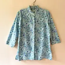 Orvis Sz 10 Blue Ditsy Floral Button Up Shirt Blouse Mock Ruffle Neck