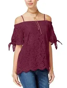 Miss Chievous Women's Off The Shoulder Knot Tie Lace Knit Scallop Hem Blouse S