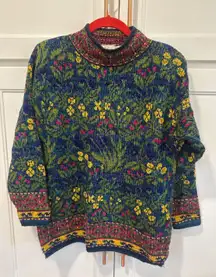 Vintage 90's boho Italian Wool Acrylic Floral Knit Mock Neck Sweater Women SizeS