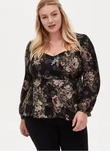 Torrid  Peplum Crepe Sweetheart Neck Top SIZE 2X floral  SKULL whimsy goth