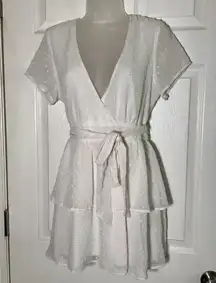 lucy in the sky dress Large L Chiffon Ivory White Polkadot Ruffle Tie Waist