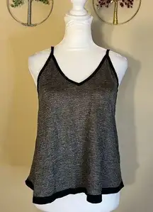 Tildon Ripple Textured Gray / Silver Semi Sheer Tank Top Black Trim Deep V XS