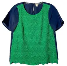 J. Crew Women's Laced Lined Short Sleeve Top Colorblock Blue Green Size Small