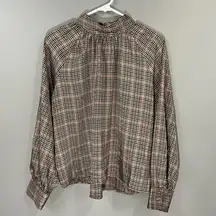 ZARA Houndstooth Pattern High Neck Long Sleeve Button Cuff Blouse Sz M EUC