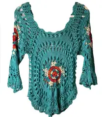Boutique open crochet festival top coverup‎ 100% acrylic teal floral