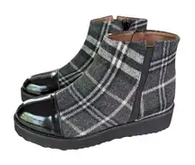 Eric Michael Gray Tartan Plaid Ankle Boots Patent Leather Cap Toe Side‎ Zip, 6.5