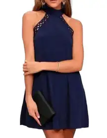 Lulus Any Sway Shape or Form Blue Lace Halter Dress Women's Size Extra Small