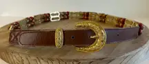 Vintage Brown Genuine Leather Beaded Weaved Link Gold Buckle Belt Size S/M