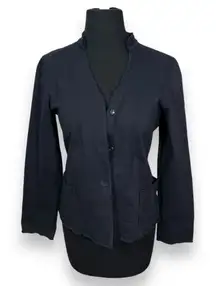Eileen Fisher Navy Cotton Button-Up Blazer Jacket with‎ Stand Collar Womens XS