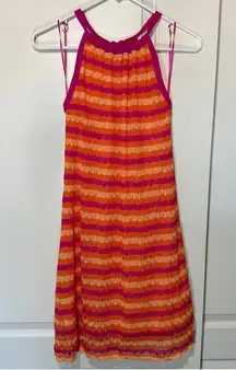 Trina Turk  Striped Crochet Knit Halter Dress Sleeveless Orange Pink Lined Small