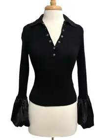 Anthropologie Maeve Satin Cuff Ribbed Polo Sweater Punk Goth Black size Small