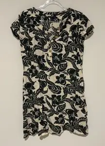 Gap Linen Floral button‎ front dress Black Cream Pockets Size 6