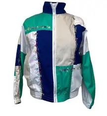 Vintage Retro 90s Embroidered Color Block Full Zip Jacket Size Small