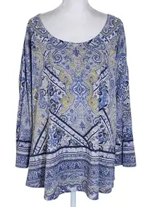 One World Blue and Gold Boho Print Knit Top Size XL Blue Boho Top