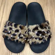 Bebe Faryn Faux Fur Leopard Rhinestone Slides