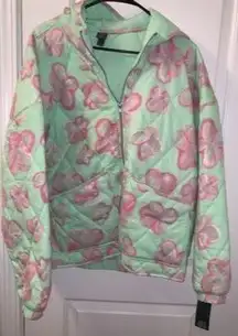 Wild Fable Jacket Womens Large Green Pink Full Zip Quilted Floral Coat