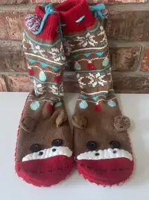 Nick & Nora Sock Monkey Slippers Womens 8-10.5 Pull On Sweater Knit Cozy Pom Pom