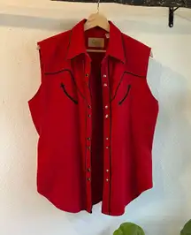 Scully Vintage Western Red Cotton Stitched Pearl Snap Button Shirt Size Medium