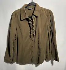 Krazy Kat Olive Green Corduroy Button Down Ruffle Front Long Sleeve Shirt XL SEE