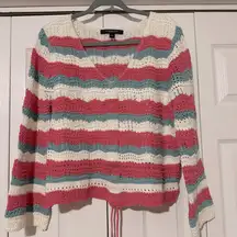 Marc New York V Neck Sweater, Size L. Pink,‎ cream and light green striped.