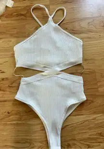 Zara NWT White Ribbed Bodysuit Cutout One Piece Thong Halter Top sz M y2k