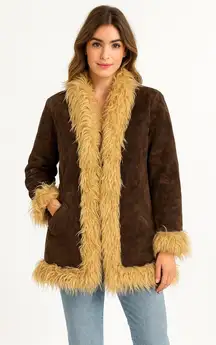 Y2K dELiA*s Suede Faux Fur Trim Jacket – Brown Shaggy Coat Size M (1990s/2000s)